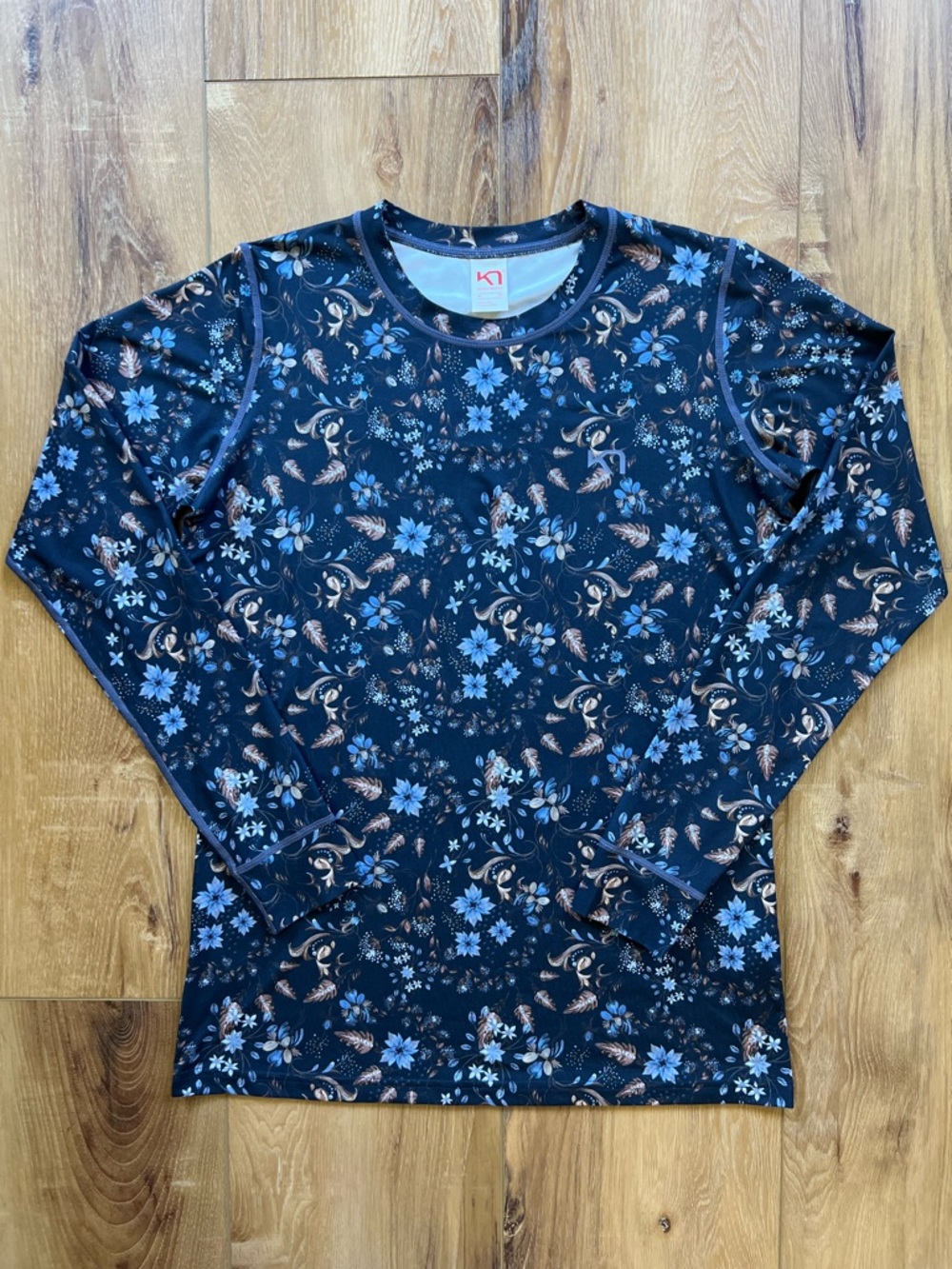 Kari Traa Fryd Baselayer Top XL Blue Floral Nordic Performance Spring Ski Hiking